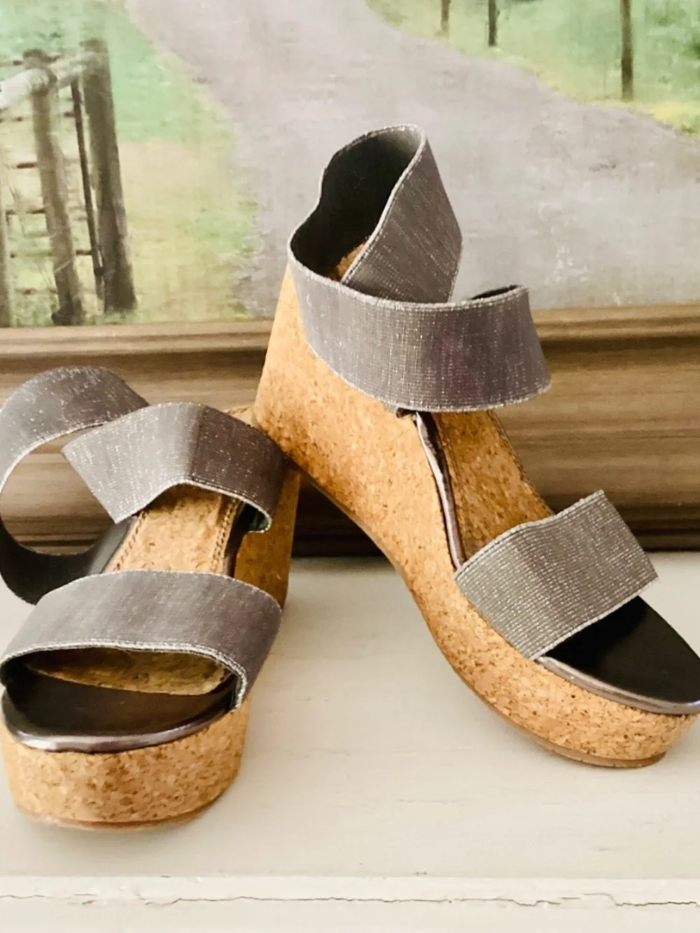 Volatile Silver Elastic Ankle Strap Wedge Cork Platforms Women’s Size 8 Stretch